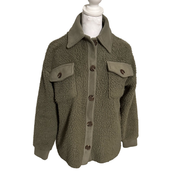 Pink Rose Army Green Faux Fur Sherpa Button Jacket Women Size XS - Picture 2 of 16